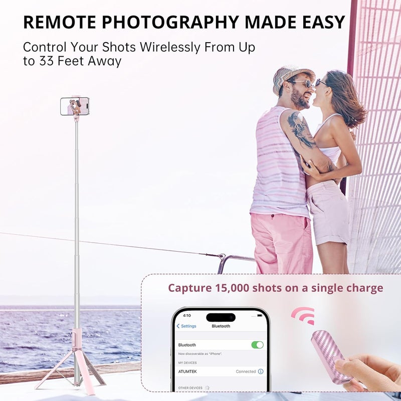 ATUMTEK 55" Selfie Stick Tripod, All-in-one Extendable Aluminum Phone Tripod with Rechargeable Bluetooth Remote for iPhone and More, Fitting 4.7-7 inch Smartphones, Pink - Image 3